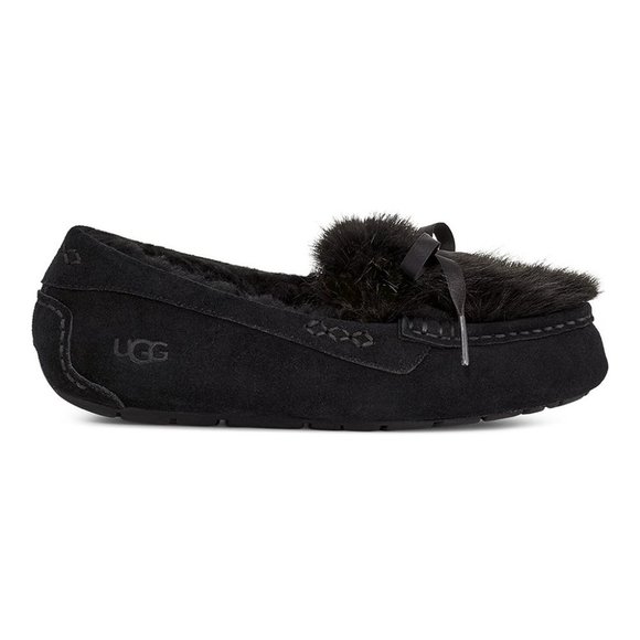 NEW UGG ANSLEY SHAINE SLIP ON FLUFF SUEDE SHEARLING LINED SLIPPERS BLACK - Picture 2 of 9